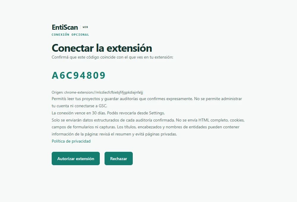 Real EntiScan Web authorization screen with a code to verify and Authorize extension or Reject buttons.