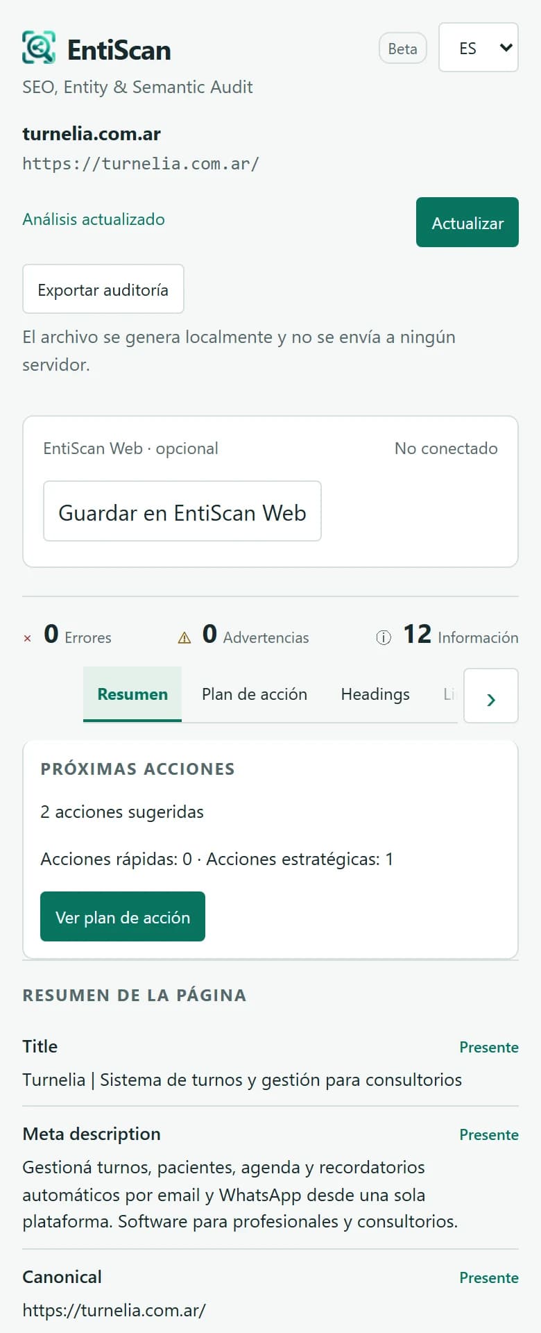 Real EntiScan side panel showing the Turnelia audit summary, observed signals, and optional Web save.