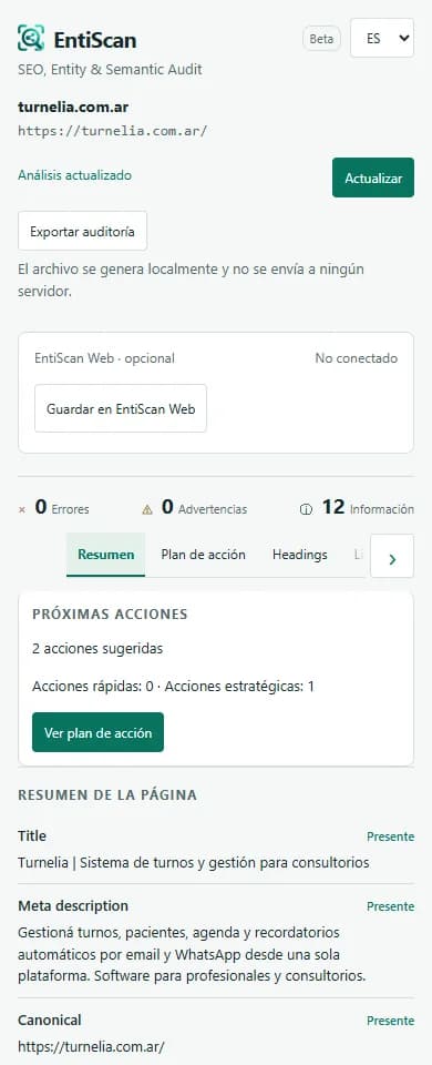 Real EntiScan Side Panel: Turnelia summary, observed signals, and optional Save to EntiScan Web action.